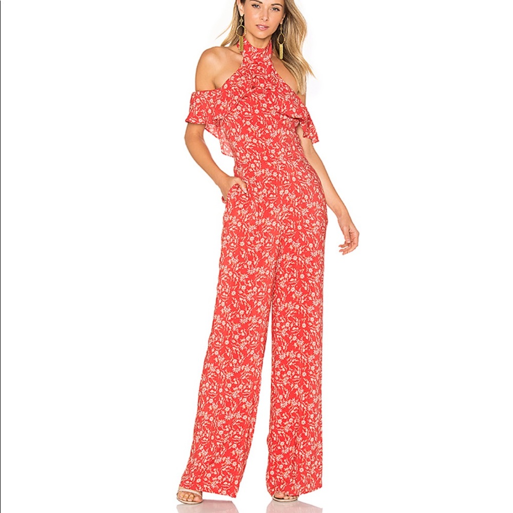 Cold-Shoulder Red Floral Halter Jumpsuit